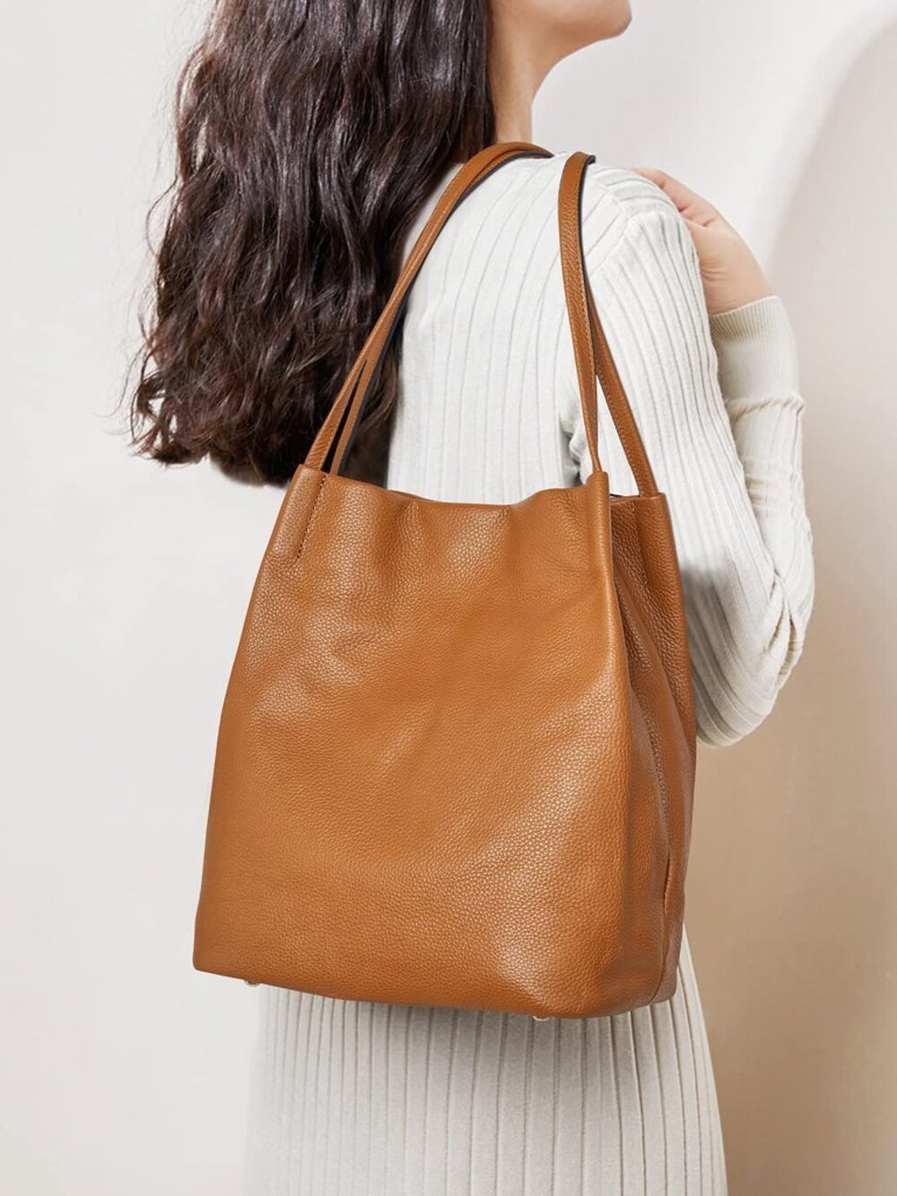 Kattee Soft Cowhide Leather Satchel Tote Bag Purse Brown Large Shoulder Bag